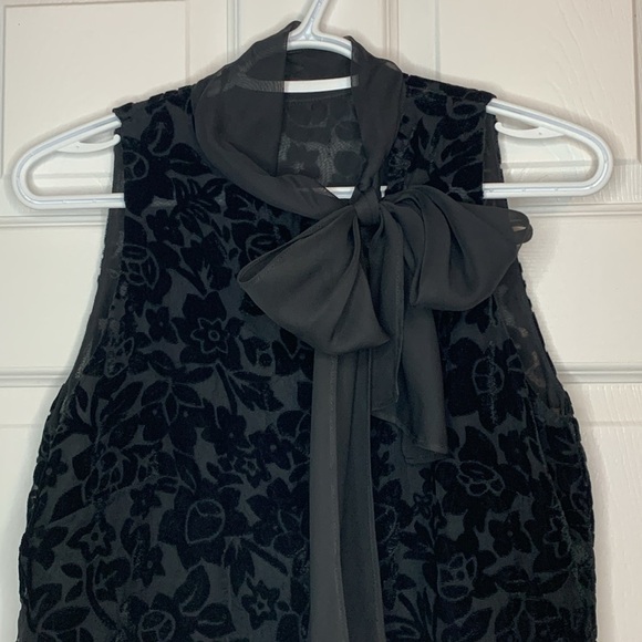 Tops - Black Velvet Burnout Floral Blouse Semi Sheer Sleeveless Collared Neck Bow Party